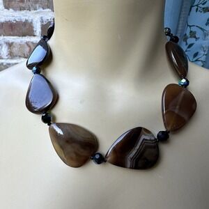 Vintage Necklace 18 Inch Chunky Natural Agate Gemstone Banded Beads Polished‎